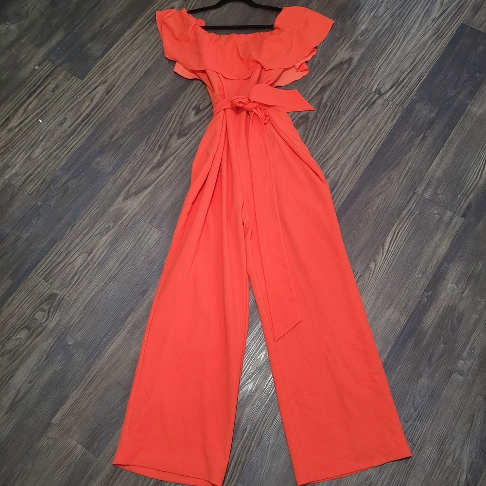 Trina Turk Elegant Orange Off-Shoulder Jumpsuit Size 10 Wide Leg Flowy